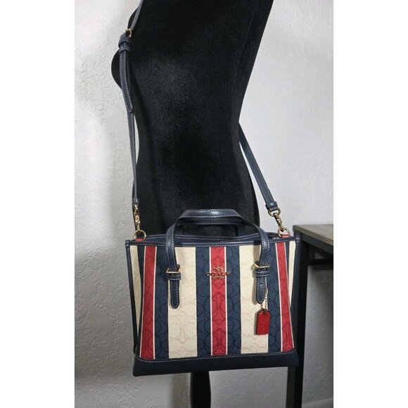 Coach CB570 Mollie Tote 25 Signature Jacquard & Leather w Stripes Chalk - Picture 1 of 13